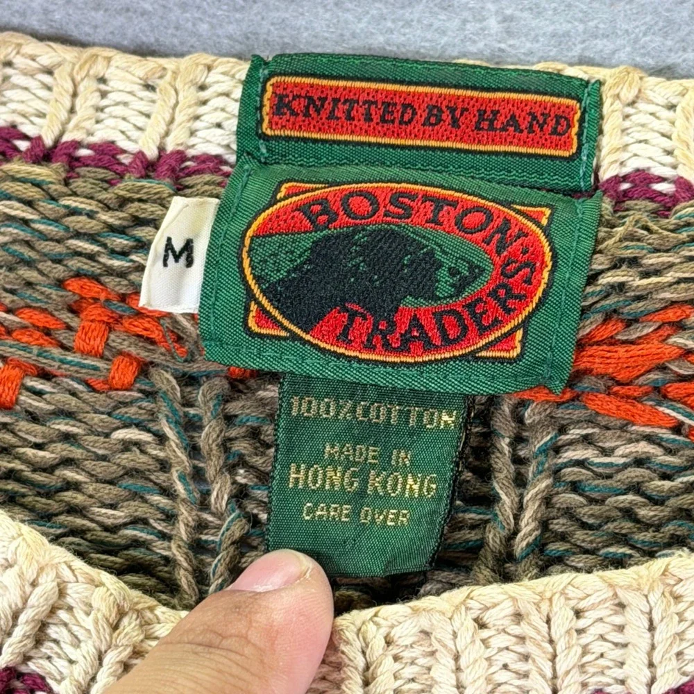 Vintage Boston Traders Hand Knit Cotton‎ Sweater Mens Medium Aztec Pattern